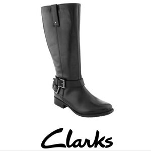 Clarks Plaza Steer Riding Boots Women's 7 Black Leather Tall Buckle